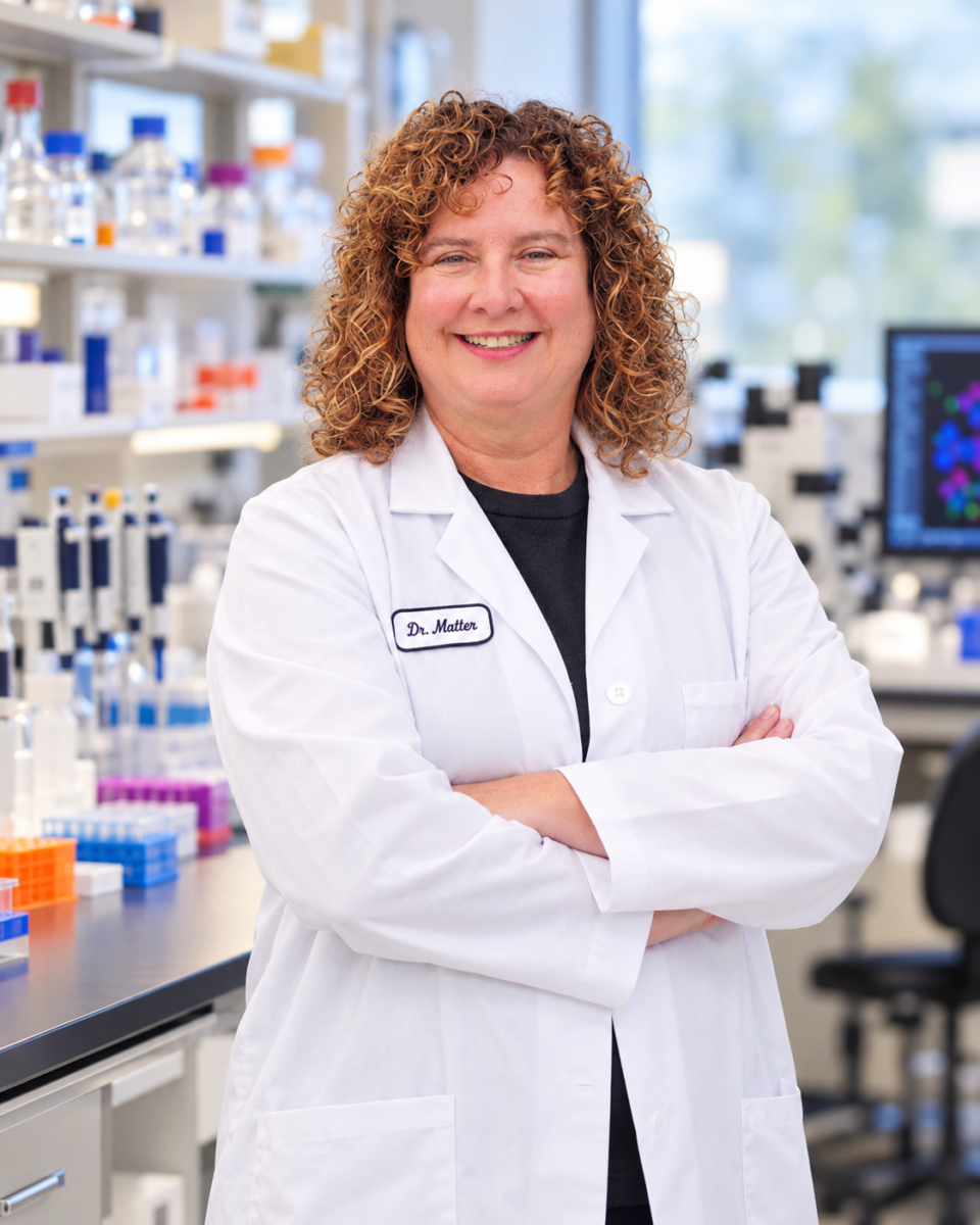 Middle age woman in a lab wearing a white coat