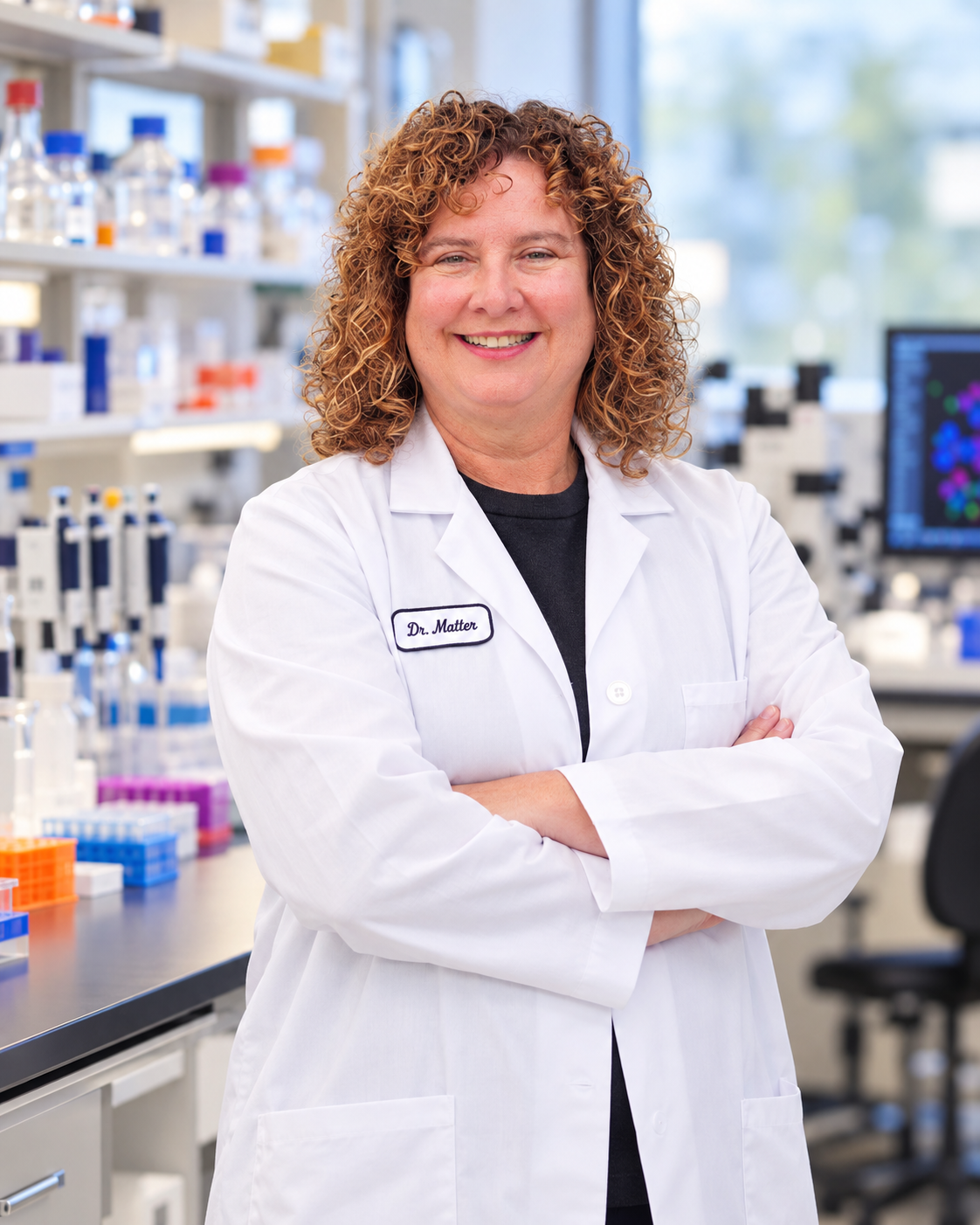 Middle age woman in a lab wearing a white coat