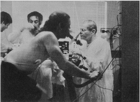 L to R: Drs. Stringer, Casaburi and Wasserman conducting research in the physiology laboratory in the early 1990s.